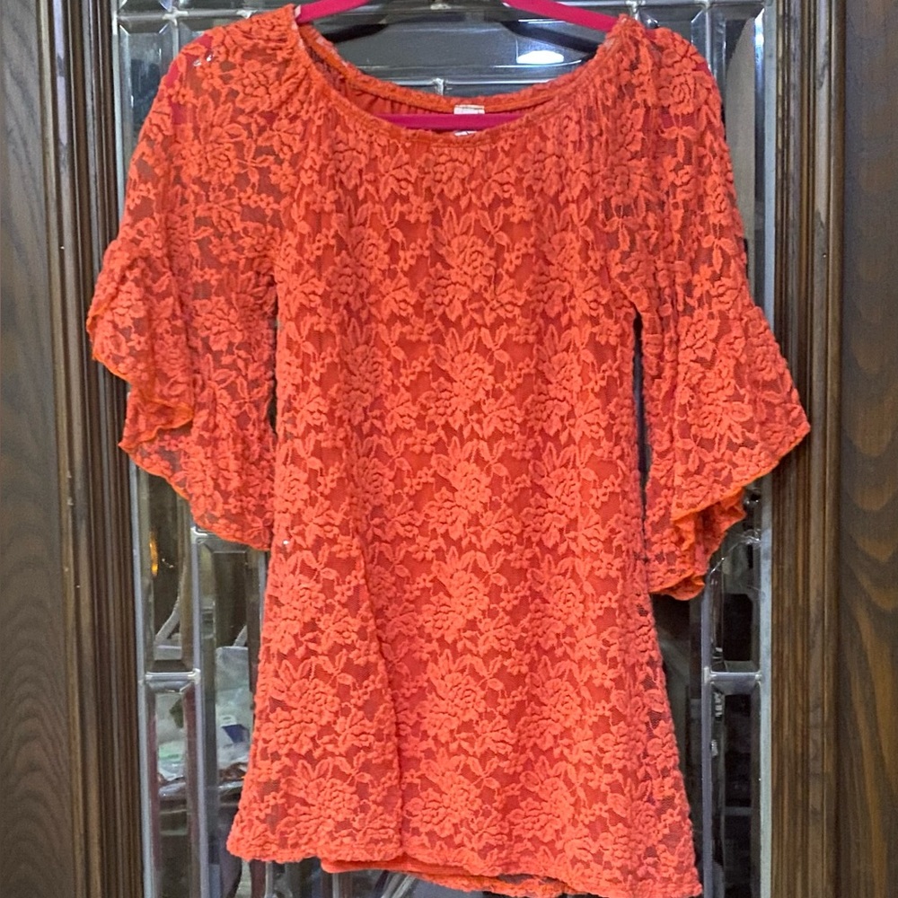 R Rouge Lace Top Women’s Small Orange Bell Sleeve Lined Blouse Boho